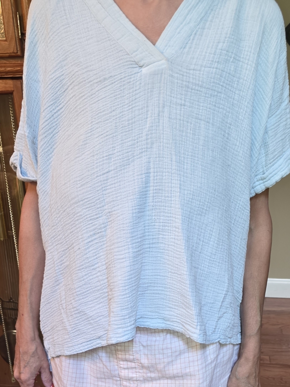 Wonderly Light Blue Gauze V-Neck Short Sleeve Top